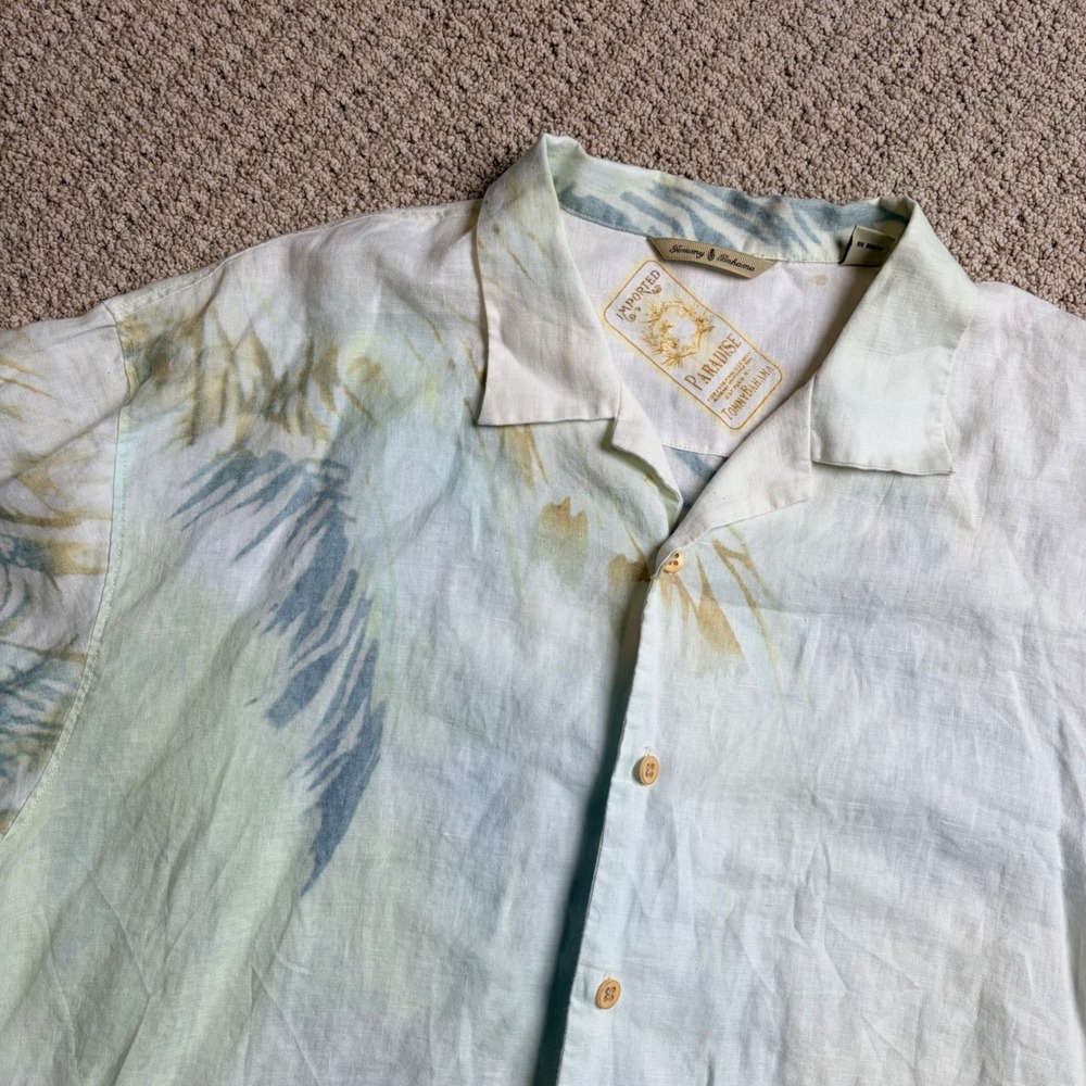 Tommy Bahama Paradise Mens XL 100% Linen Palm Tree Graphic Camp Shirt White